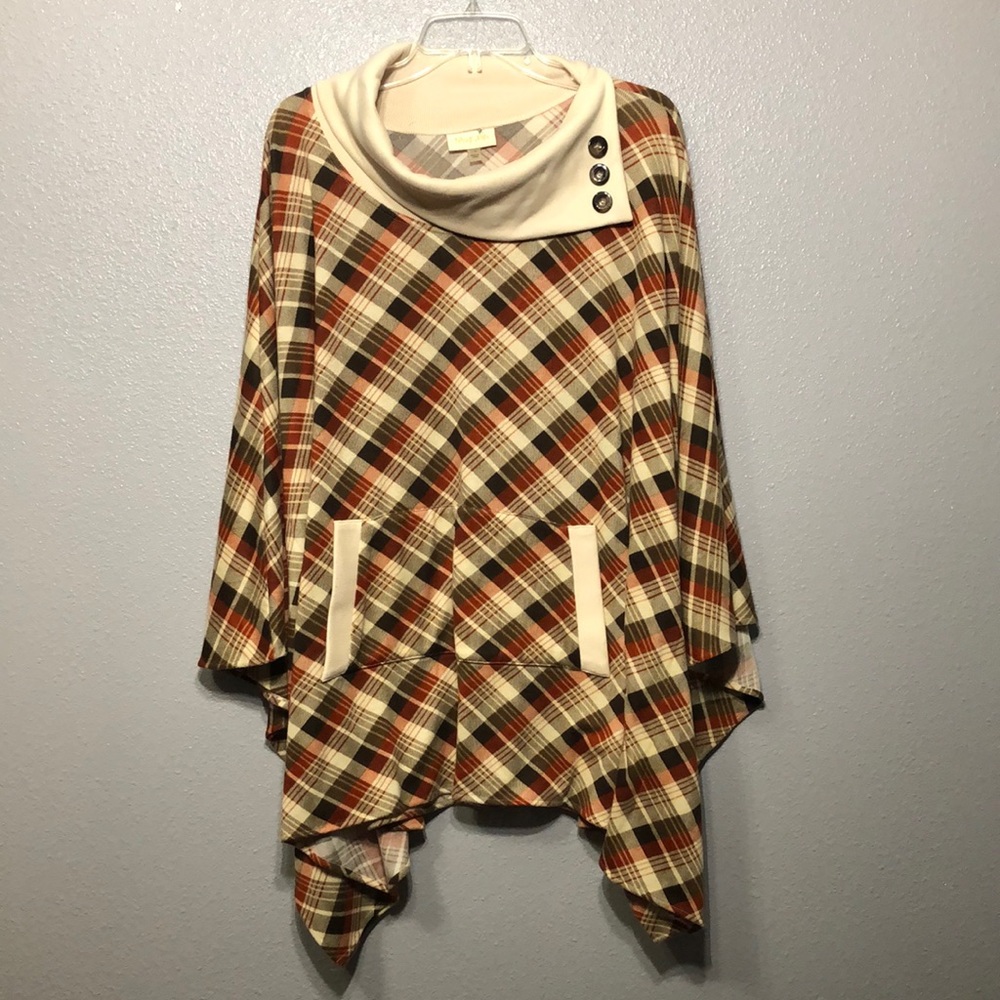 ModCloth poncho Women's L / XL brown red white plaid button pocket detail